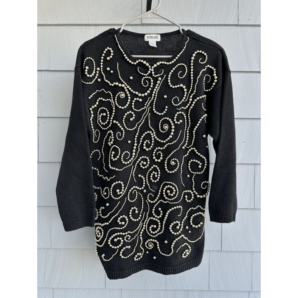 Vintage Victoria Jones Size M Black‎ Embellished Gold Beaded Sweater 3/4 Sleeve